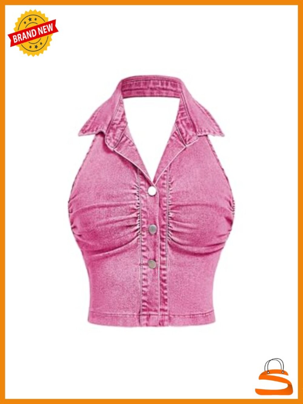 Sleeveless Collar Neck Denim Corset Crop Top Button Front